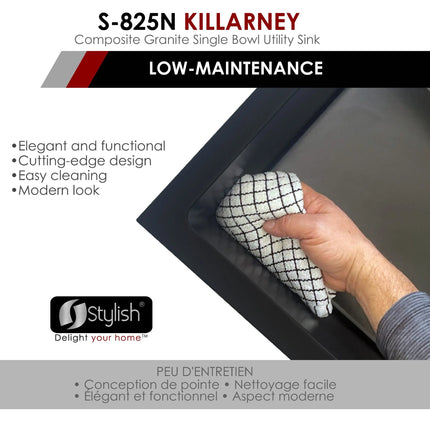 STYLISH 25 inch Dual Mount Single Bowl Black Composite Granite Kitchen Laundry with Strainer S-825N - Plumbing Market