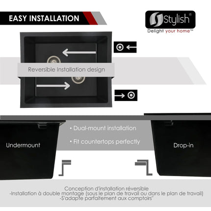 STYLISH 25 inch Dual Mount Single Bowl Black Composite Granite Kitchen Laundry with Strainer S-825N - Plumbing Market
