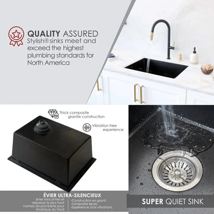 STYLISH 25 inch Dual Mount Single Bowl Black Composite Granite Kitchen Laundry with Strainer S-825N - Plumbing Market