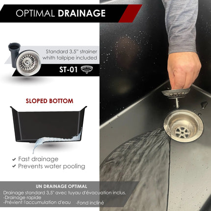 STYLISH 25 inch Dual Mount Single Bowl Black Composite Granite Kitchen Laundry with Strainer S-825N - Plumbing Market