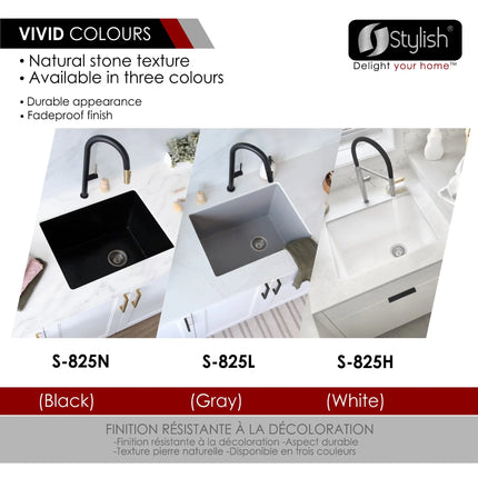 STYLISH 25 inch Dual Mount Single Bowl Black Composite Granite Kitchen Laundry with Strainer S-825N - Plumbing Market