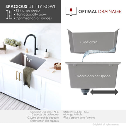 STYLISH 25 inch Dual Mount Single Bowl Gray Composite Granite Kitchen Laundry with Strainer S-825L - Plumbing Market