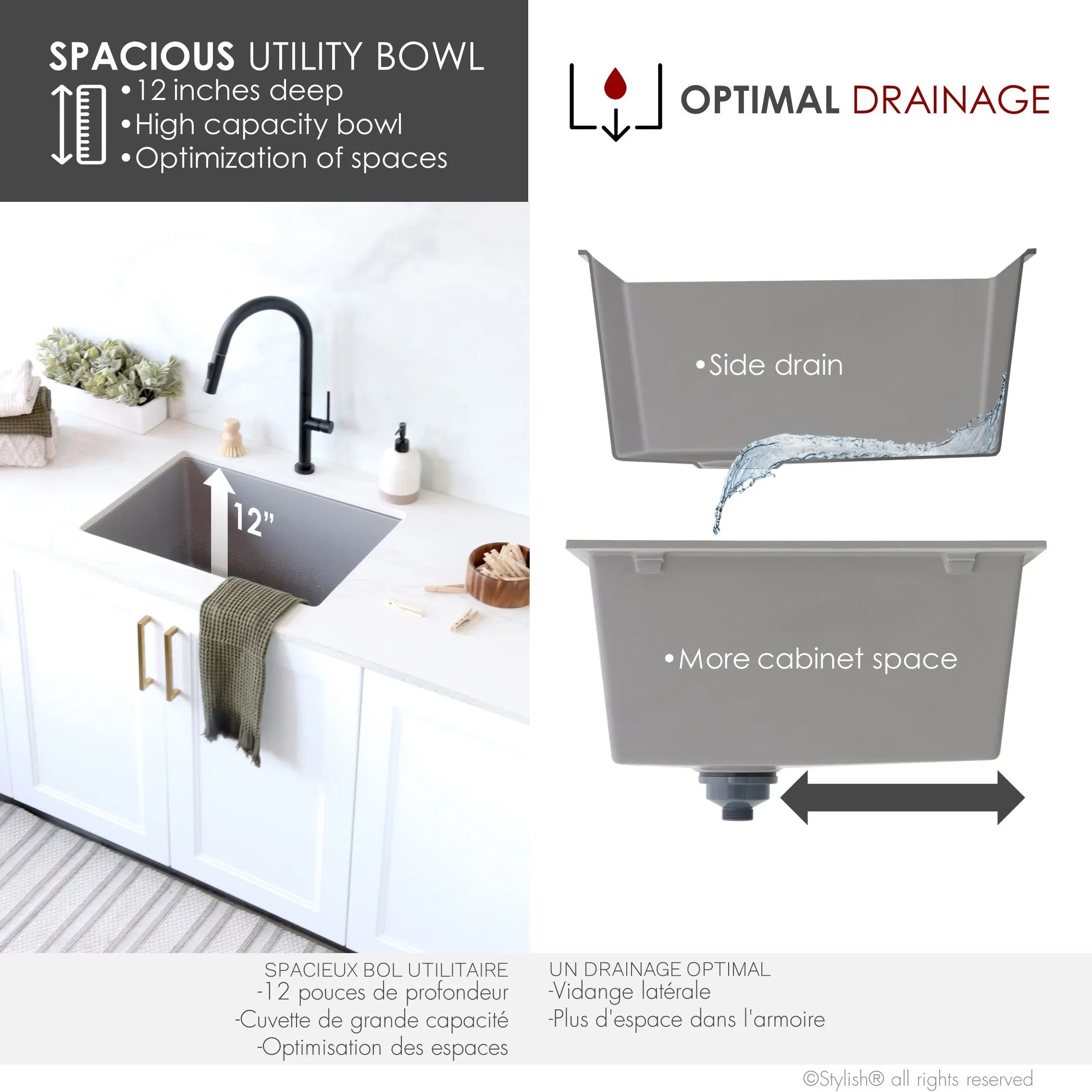 STYLISH 25 inch Dual Mount Single Bowl Gray Composite Granite Kitchen Laundry with Strainer S-825L - Plumbing Market