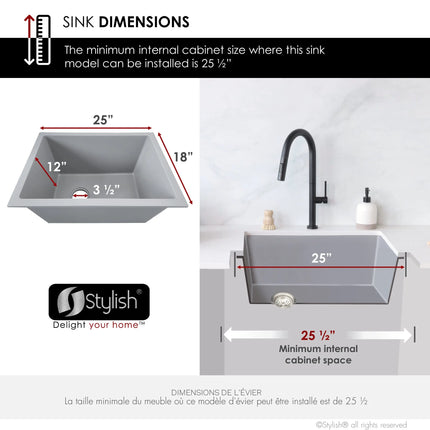 STYLISH 25 inch Dual Mount Single Bowl Gray Composite Granite Kitchen Laundry with Strainer S-825L - Plumbing Market