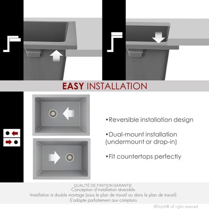 STYLISH 25 inch Dual Mount Single Bowl Gray Composite Granite Kitchen Laundry with Strainer S-825L - Plumbing Market