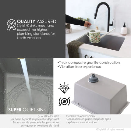 STYLISH 25 inch Dual Mount Single Bowl Gray Composite Granite Kitchen Laundry with Strainer S-825L - Plumbing Market