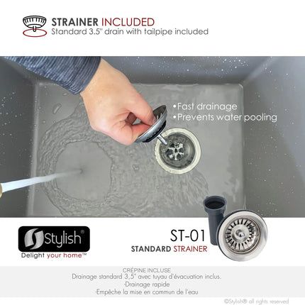 STYLISH 25 inch Dual Mount Single Bowl Gray Composite Granite Kitchen Laundry with Strainer S-825L - Plumbing Market
