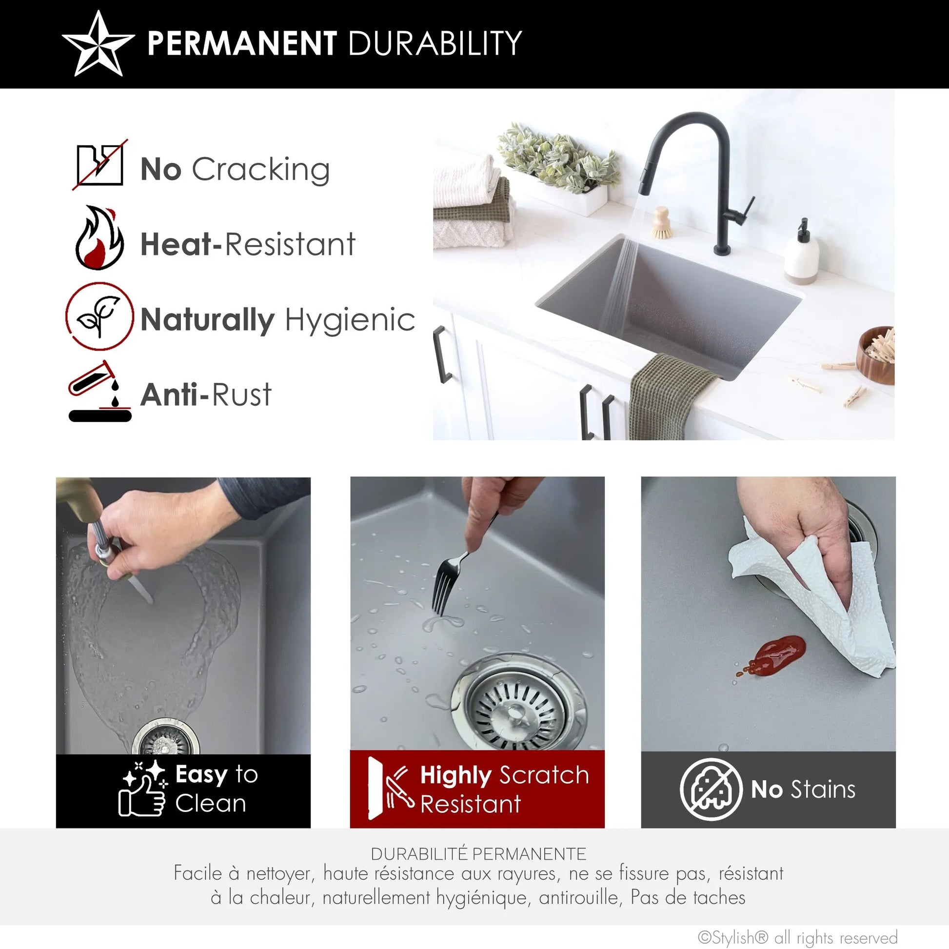 STYLISH 25 inch Dual Mount Single Bowl Gray Composite Granite Kitchen Laundry with Strainer S-825L - Plumbing Market