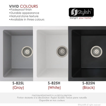 STYLISH 25 inch Dual Mount Single Bowl Gray Composite Granite Kitchen Laundry with Strainer S-825L - Plumbing Market