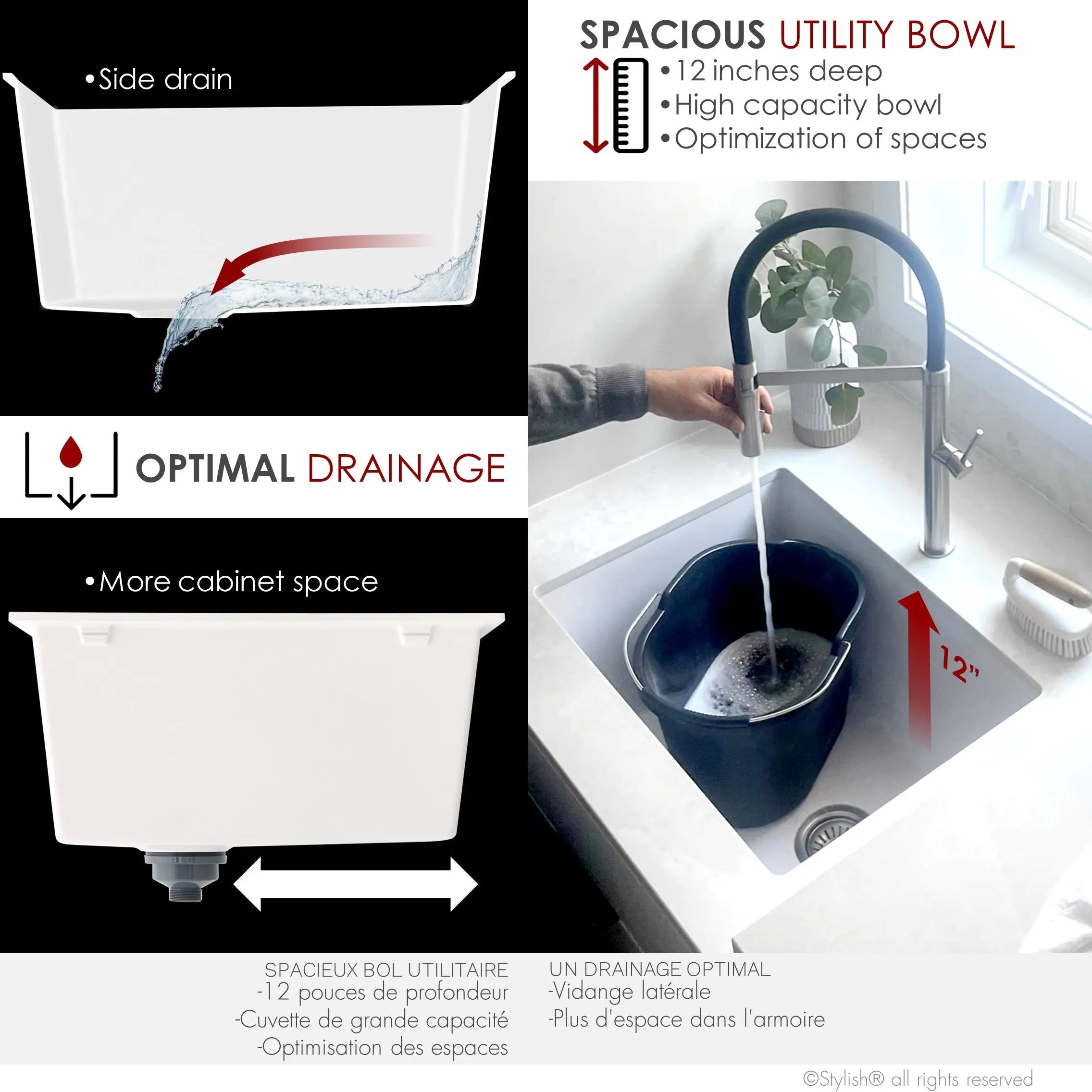 STYLISH 25 inch Dual Mount Single Bowl White Composite Granite Kitchen Laundry with Strainer S-825H - Plumbing Market