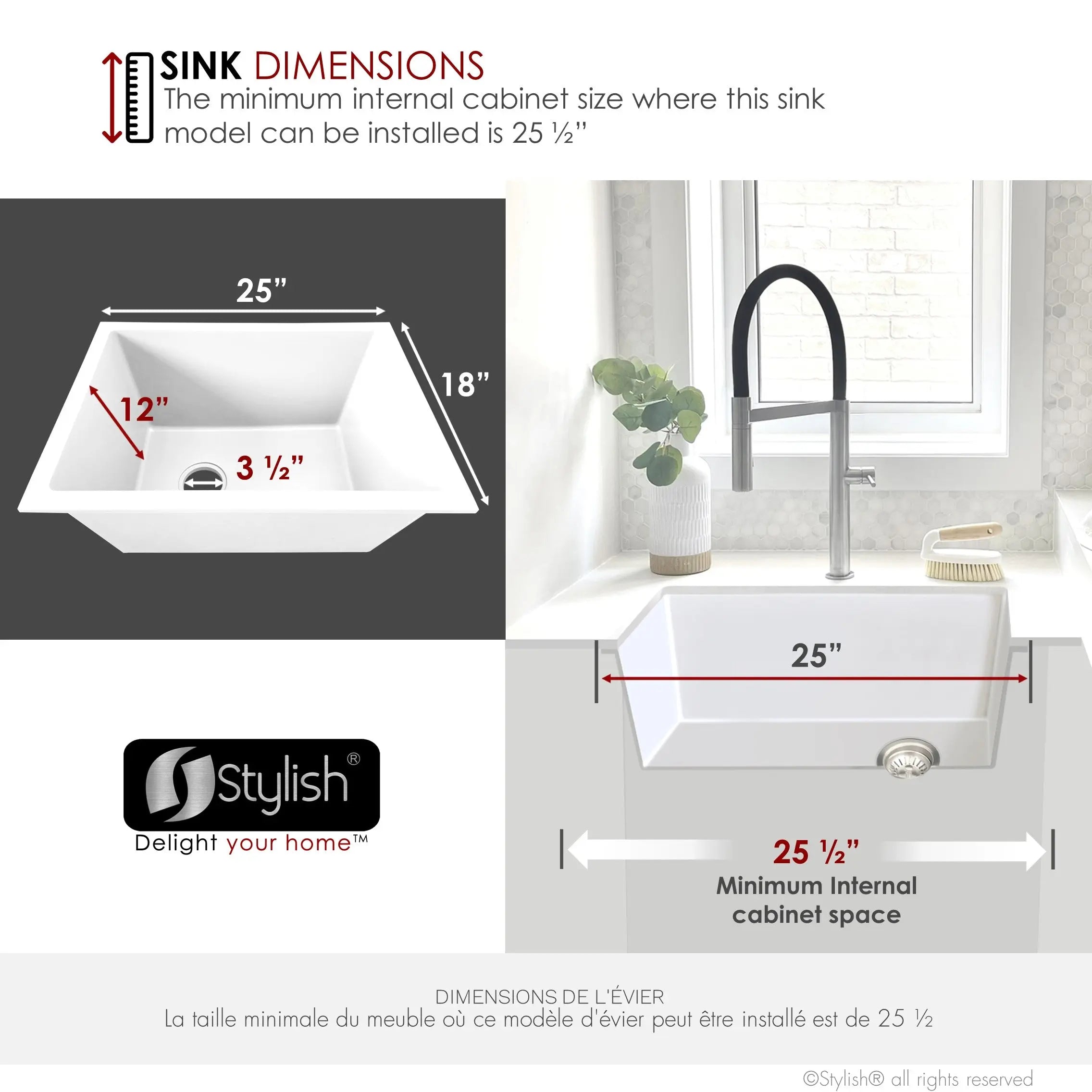 STYLISH 25 inch Dual Mount Single Bowl White Composite Granite Kitchen Laundry with Strainer S-825H - Plumbing Market