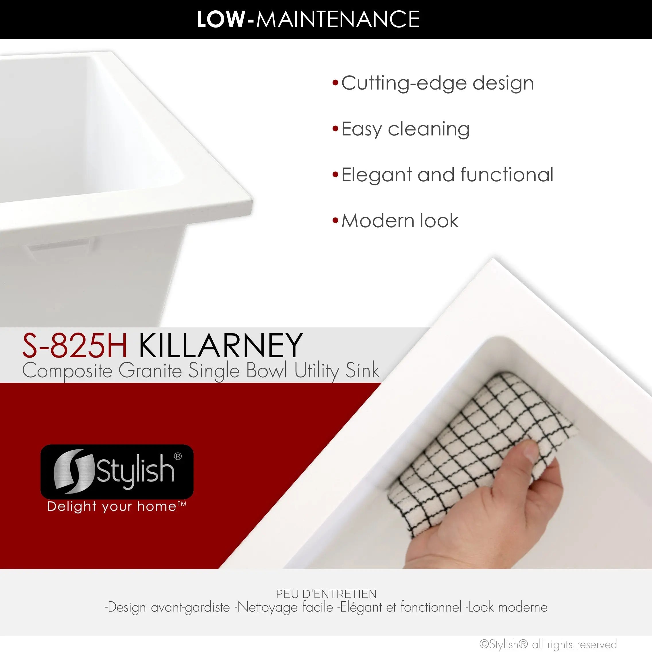 STYLISH 25 inch Dual Mount Single Bowl White Composite Granite Kitchen Laundry with Strainer S-825H - Plumbing Market