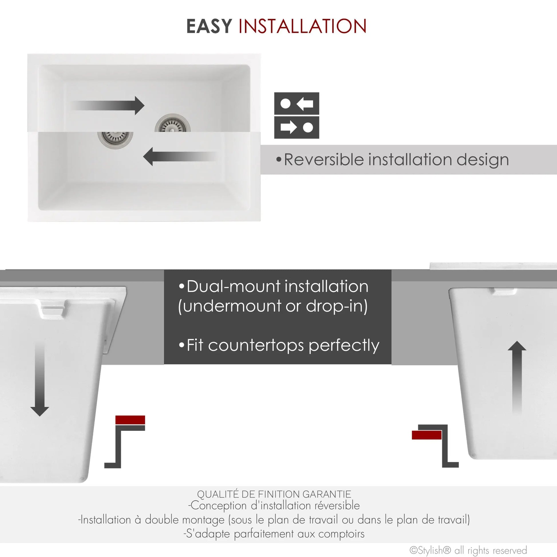 STYLISH 25 inch Dual Mount Single Bowl White Composite Granite Kitchen Laundry with Strainer S-825H - Plumbing Market