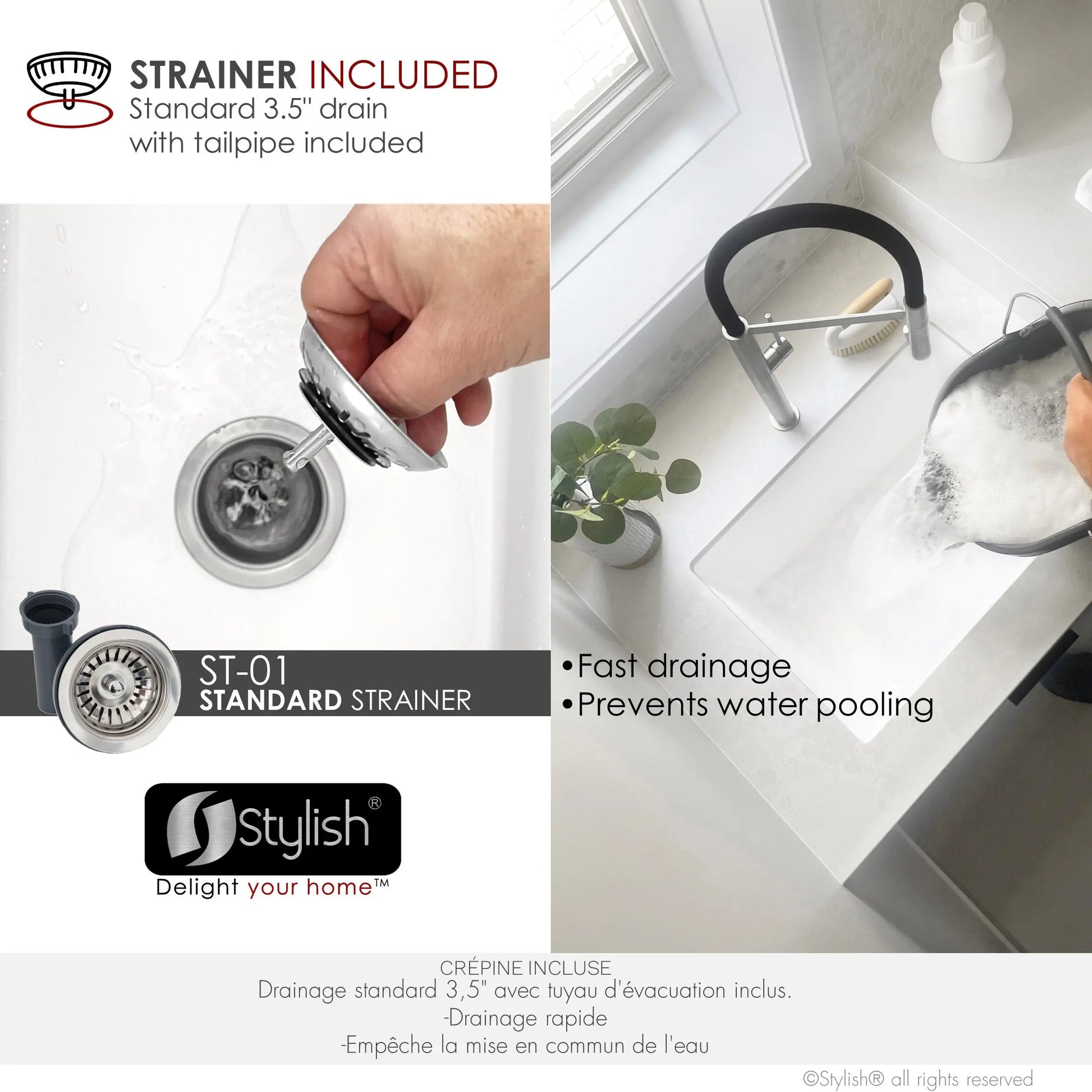 STYLISH 25 inch Dual Mount Single Bowl White Composite Granite Kitchen Laundry with Strainer S-825H - Plumbing Market