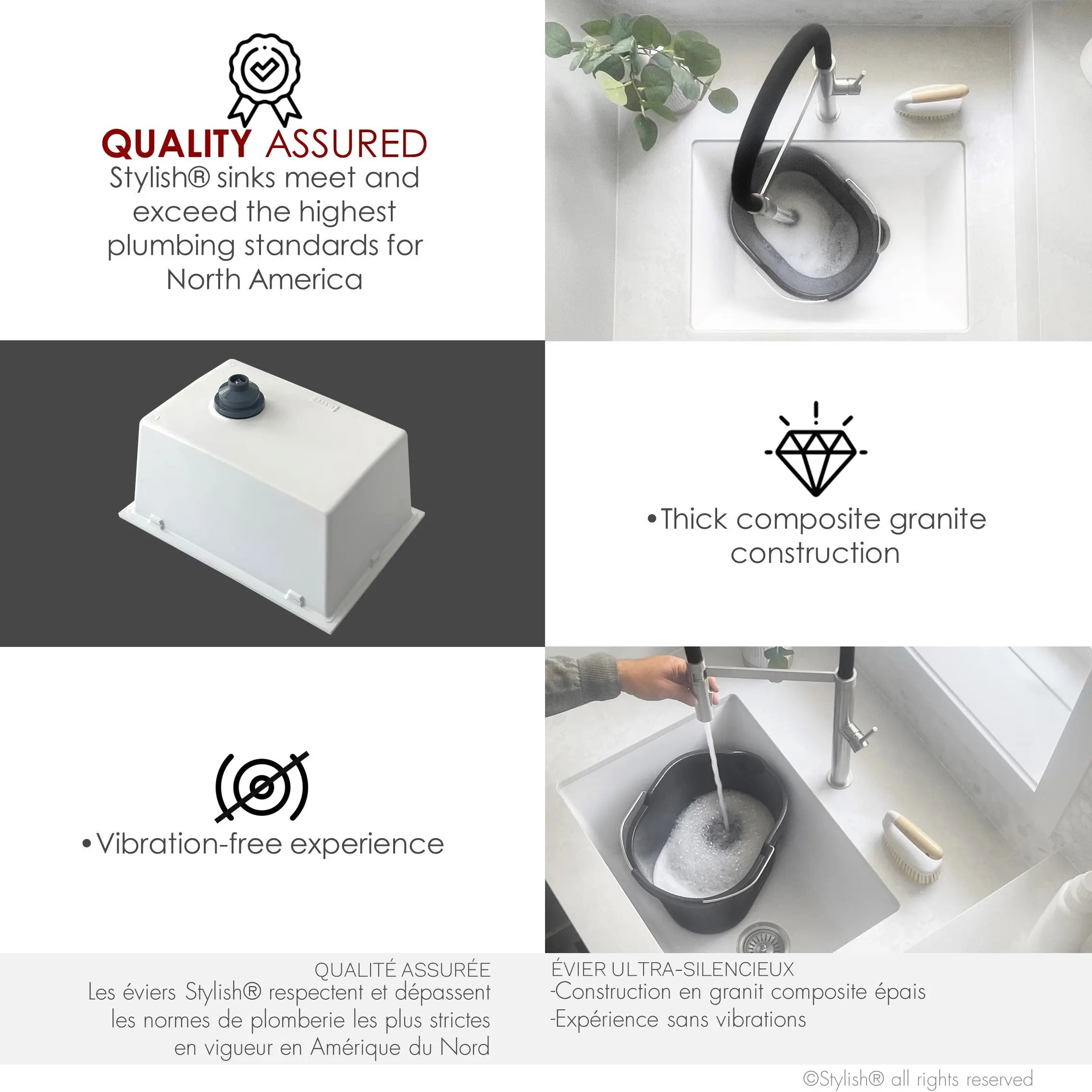STYLISH 25 inch Dual Mount Single Bowl White Composite Granite Kitchen Laundry with Strainer S-825H - Plumbing Market