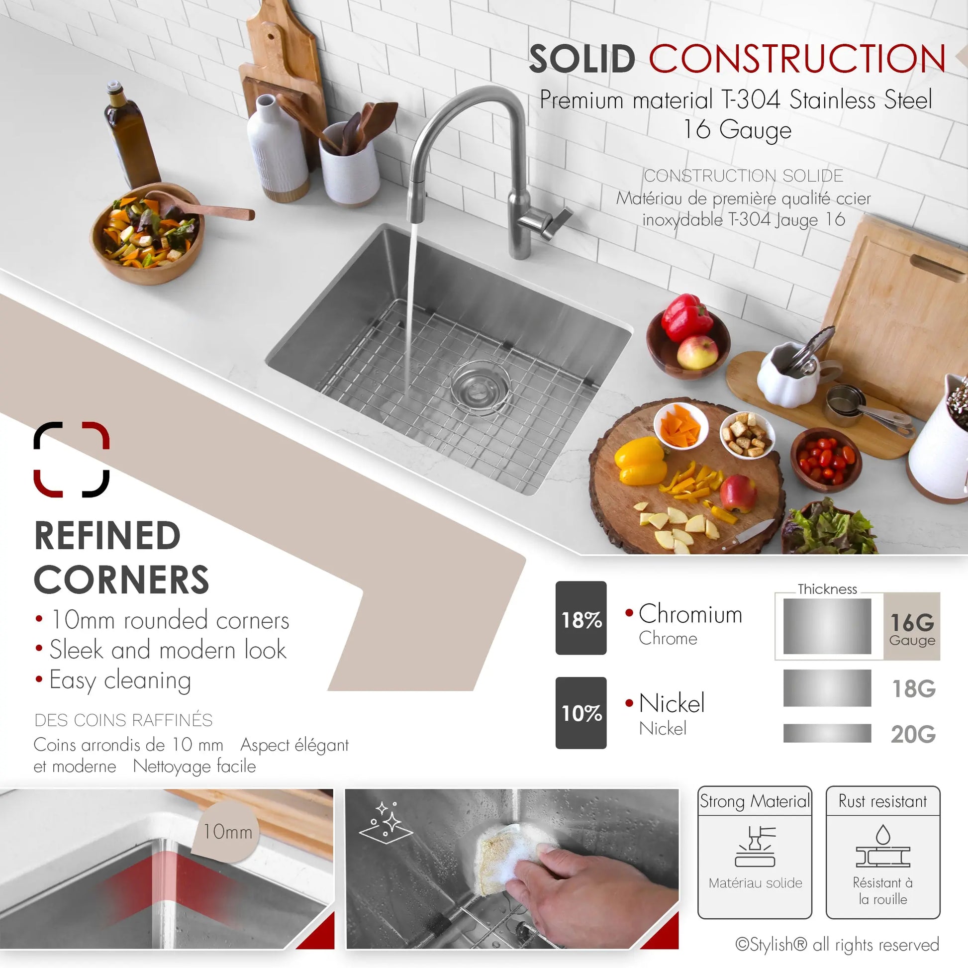 STYLISH 25 inch Single Bowl Undermount Stainless Steel Kitchen Sink S-312XG - Plumbing Market
