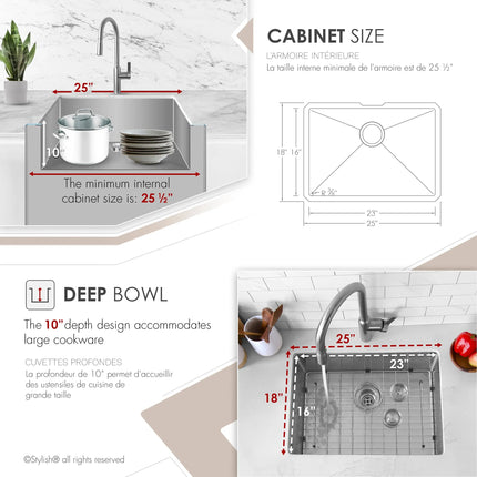 STYLISH 25 inch Single Bowl Undermount Stainless Steel Kitchen Sink S-312XG - Plumbing Market
