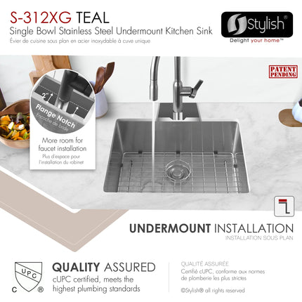 STYLISH 25 inch Single Bowl Undermount Stainless Steel Kitchen Sink S-312XG - Plumbing Market