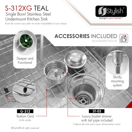 STYLISH 25 inch Single Bowl Undermount Stainless Steel Kitchen Sink S-312XG - Plumbing Market
