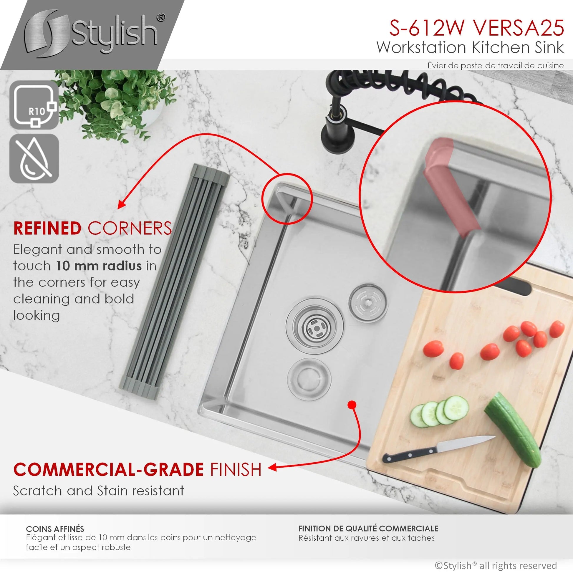 STYLISH 25 inch Workstation Single Bowl Undermount 16 Gauge Stainless Steel Kitchen Sink with Built in Accessories S-612W - Plumbing Market