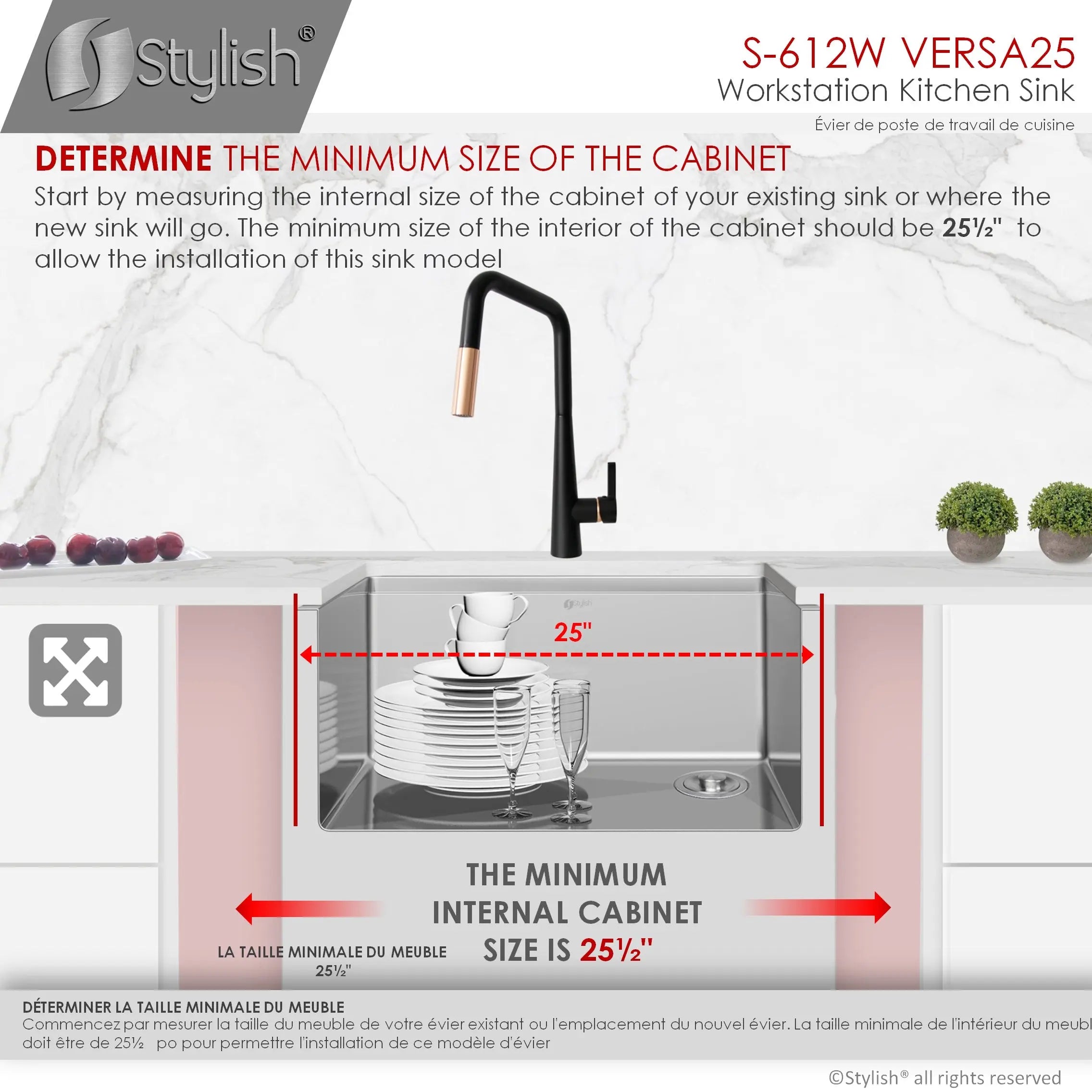 STYLISH 25 inch Workstation Single Bowl Undermount 16 Gauge Stainless Steel Kitchen Sink with Built in Accessories S-612W - Plumbing Market