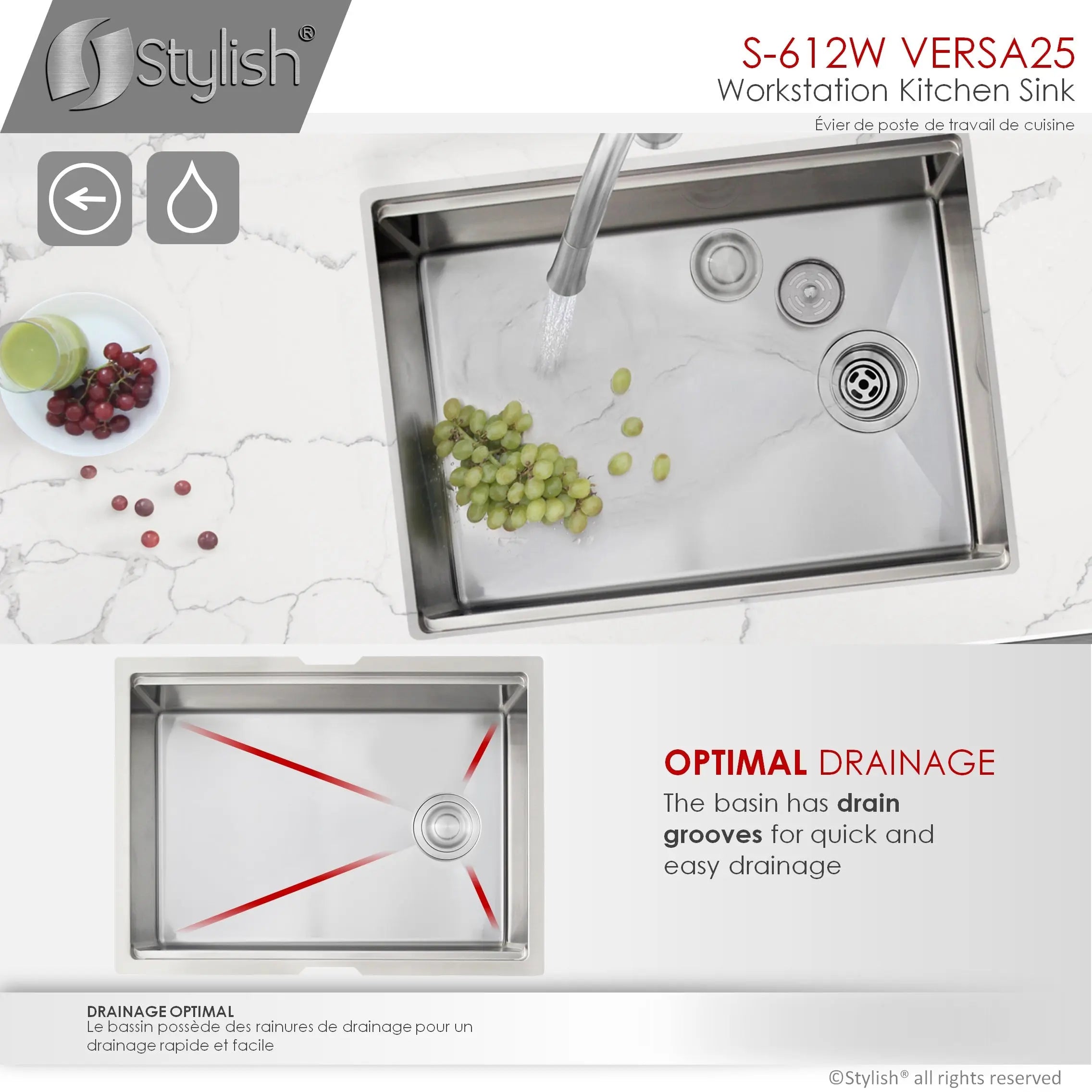 STYLISH 25 inch Workstation Single Bowl Undermount 16 Gauge Stainless Steel Kitchen Sink with Built in Accessories S-612W - Plumbing Market