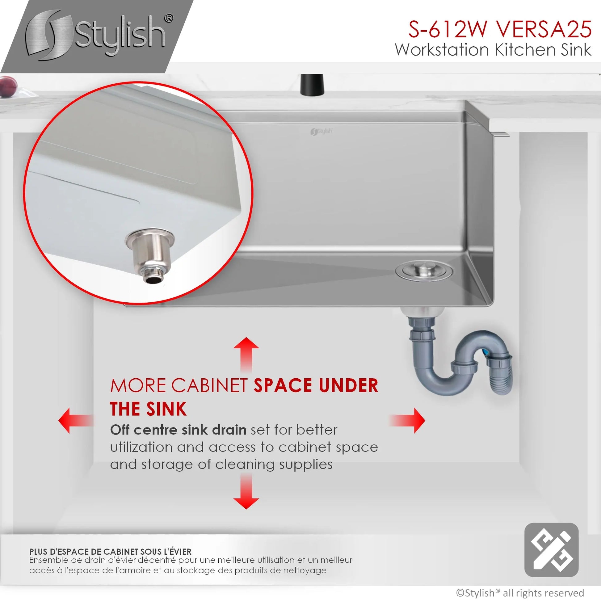 STYLISH 25 inch Workstation Single Bowl Undermount 16 Gauge Stainless Steel Kitchen Sink with Built in Accessories S-612W - Plumbing Market