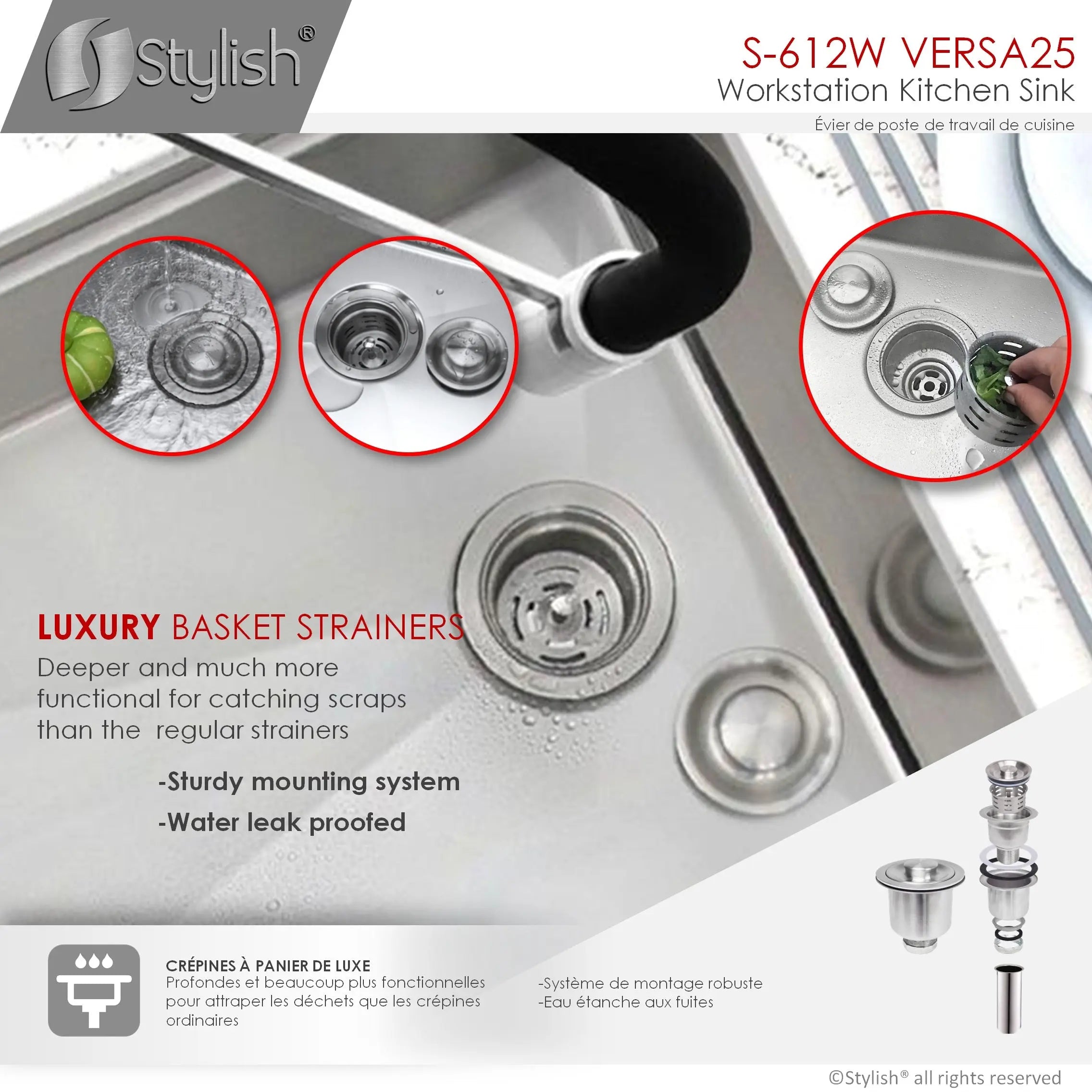 STYLISH 25 inch Workstation Single Bowl Undermount 16 Gauge Stainless Steel Kitchen Sink with Built in Accessories S-612W - Plumbing Market
