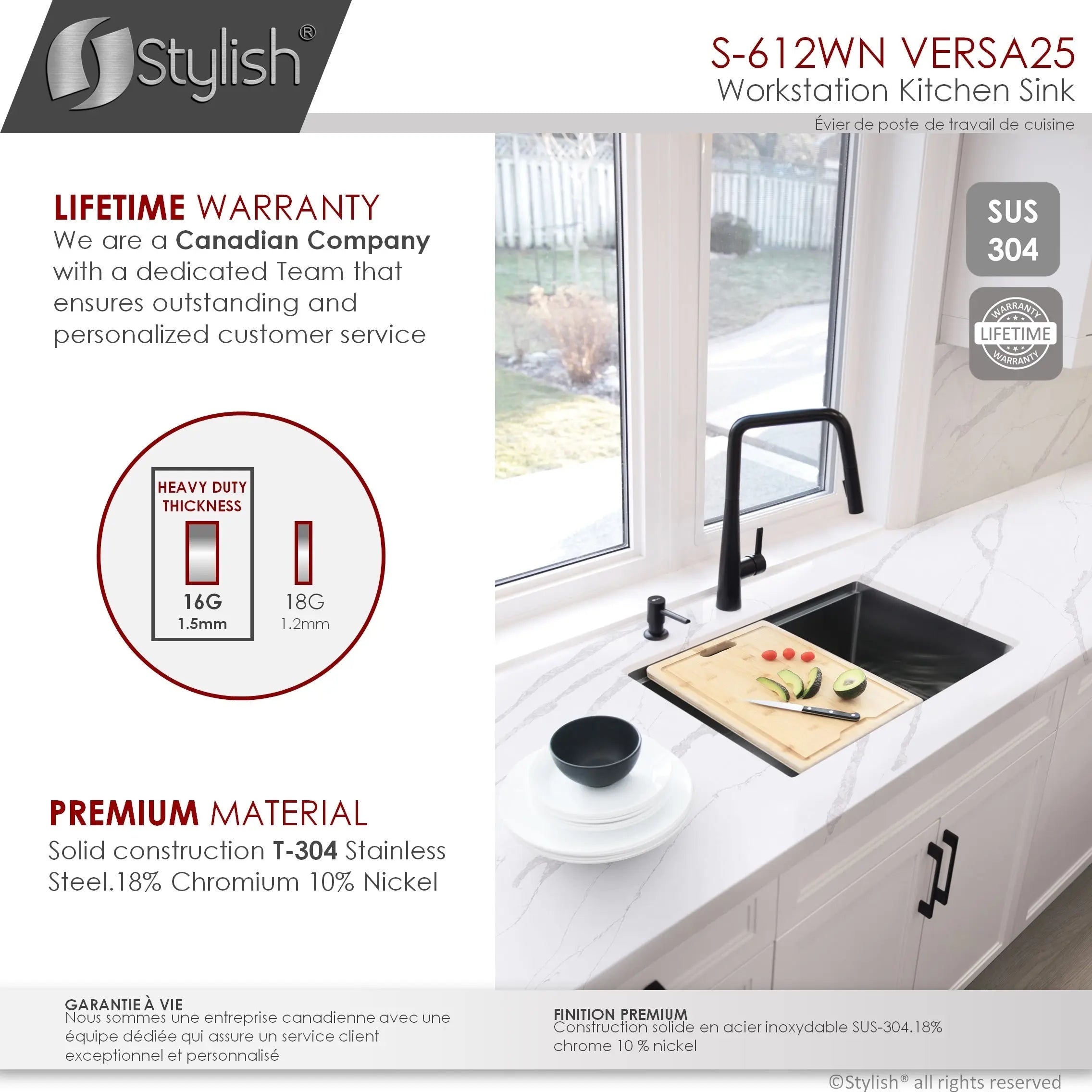 STYLISH 25 inch Workstation Single Bowl Undermount 16 Gauge Stainless Steel Kitchen Sink with Built in Accessories S-612WN - Plumbing Market