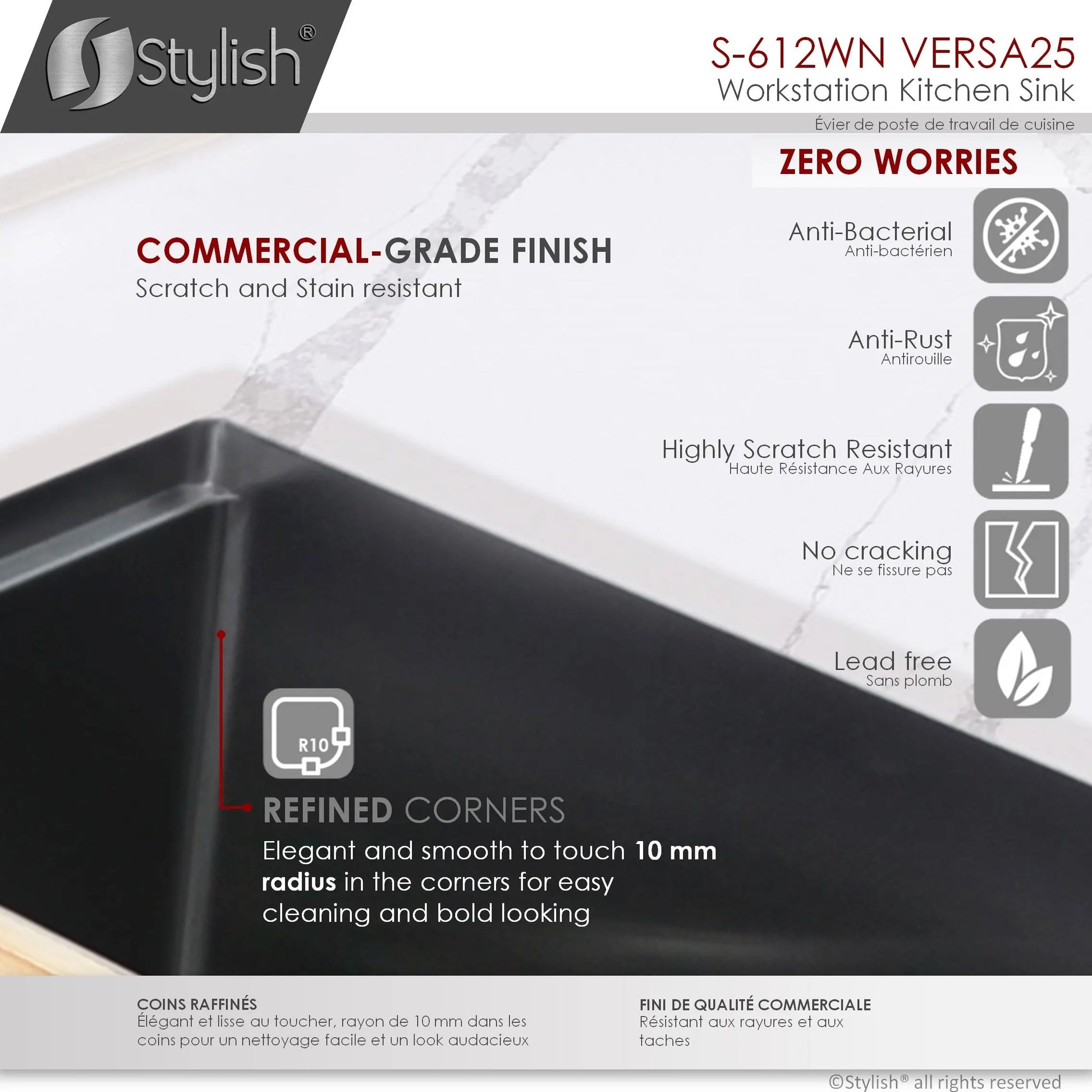 STYLISH 25 inch Workstation Single Bowl Undermount 16 Gauge Stainless Steel Kitchen Sink with Built in Accessories S-612WN - Plumbing Market