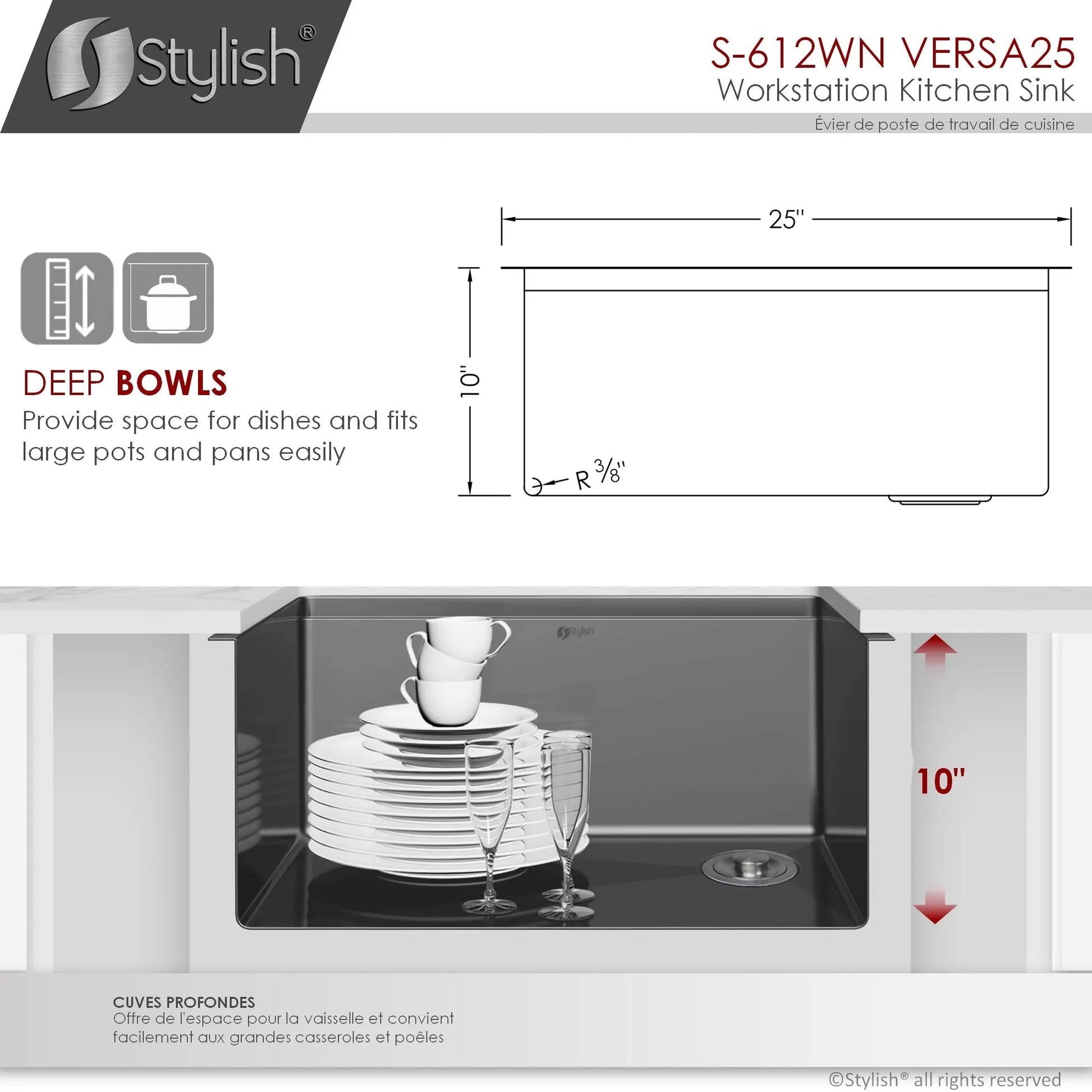 STYLISH 25 inch Workstation Single Bowl Undermount 16 Gauge Stainless Steel Kitchen Sink with Built in Accessories S-612WN - Plumbing Market