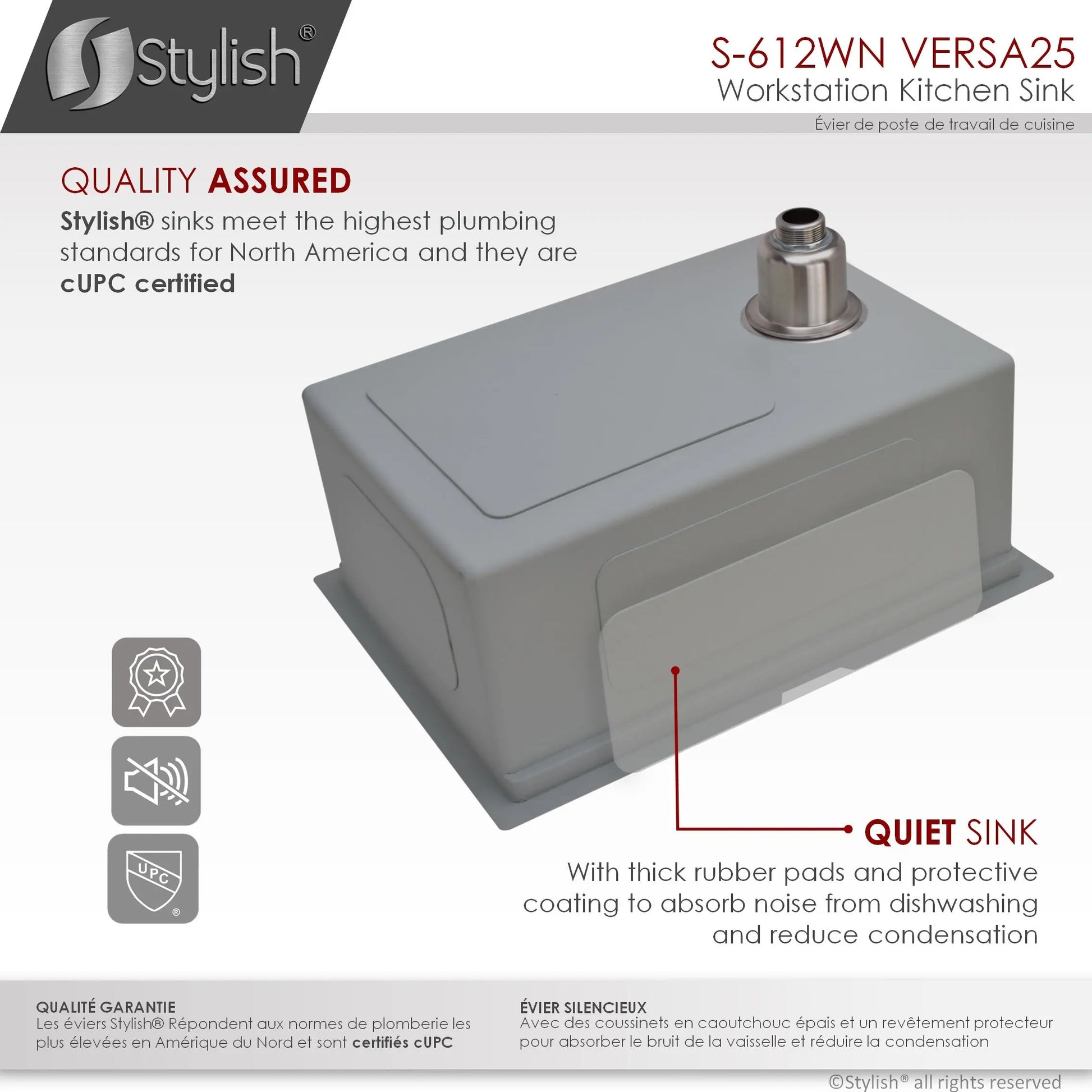 STYLISH 25 inch Workstation Single Bowl Undermount 16 Gauge Stainless Steel Kitchen Sink with Built in Accessories S-612WN - Plumbing Market