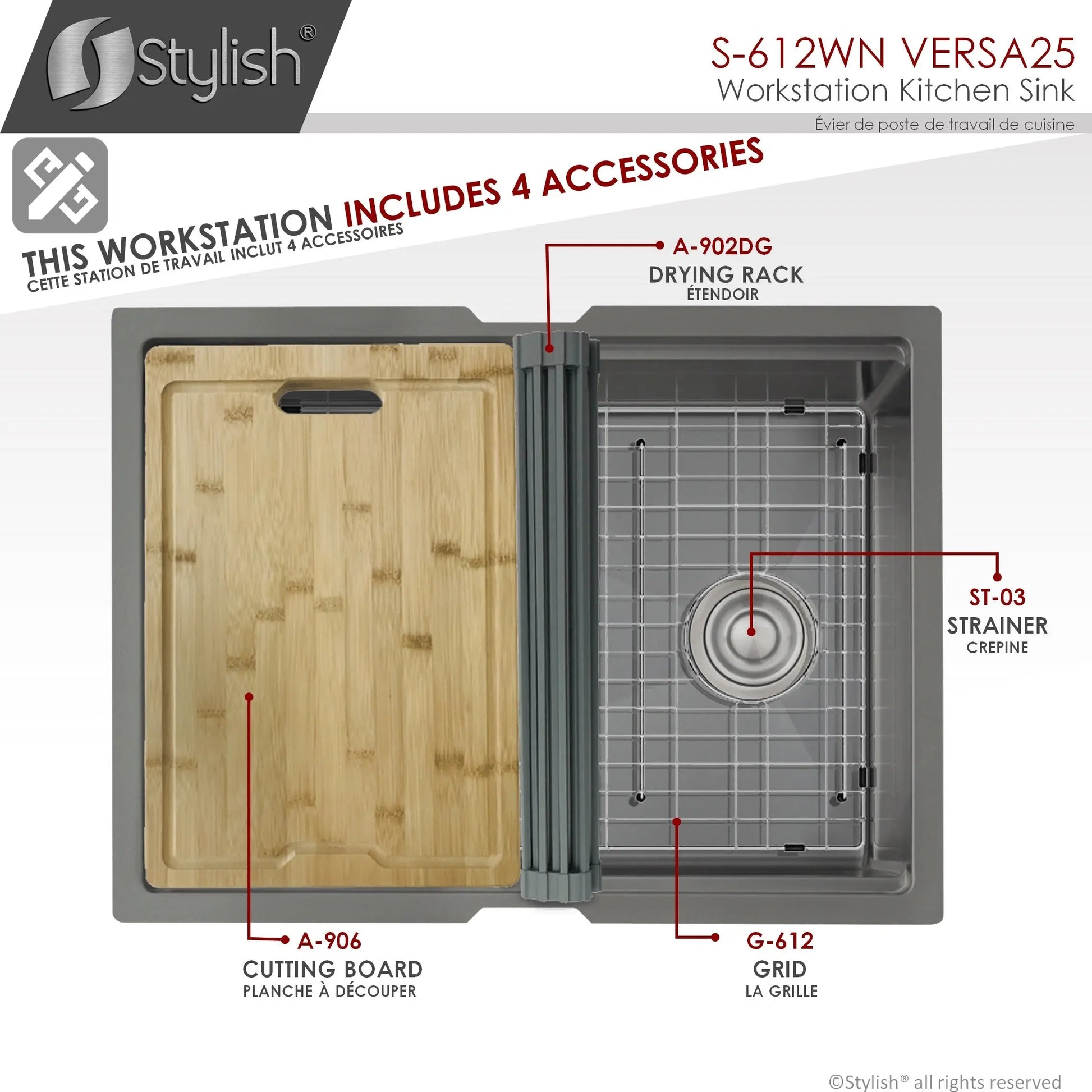 STYLISH 25 inch Workstation Single Bowl Undermount 16 Gauge Stainless Steel Kitchen Sink with Built in Accessories S-612WN - Plumbing Market