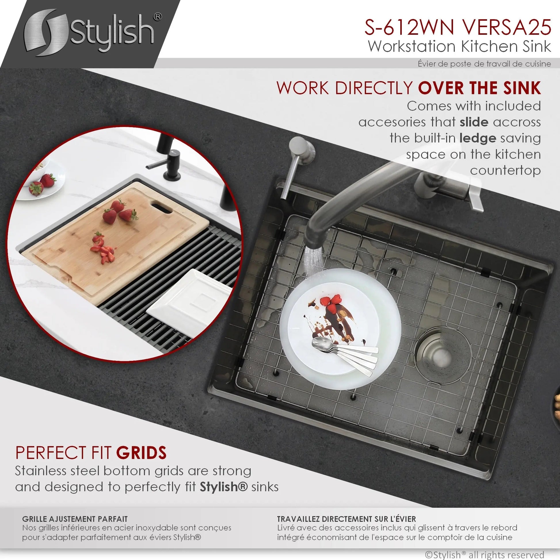 STYLISH 25 inch Workstation Single Bowl Undermount 16 Gauge Stainless Steel Kitchen Sink with Built in Accessories S-612WN - Plumbing Market