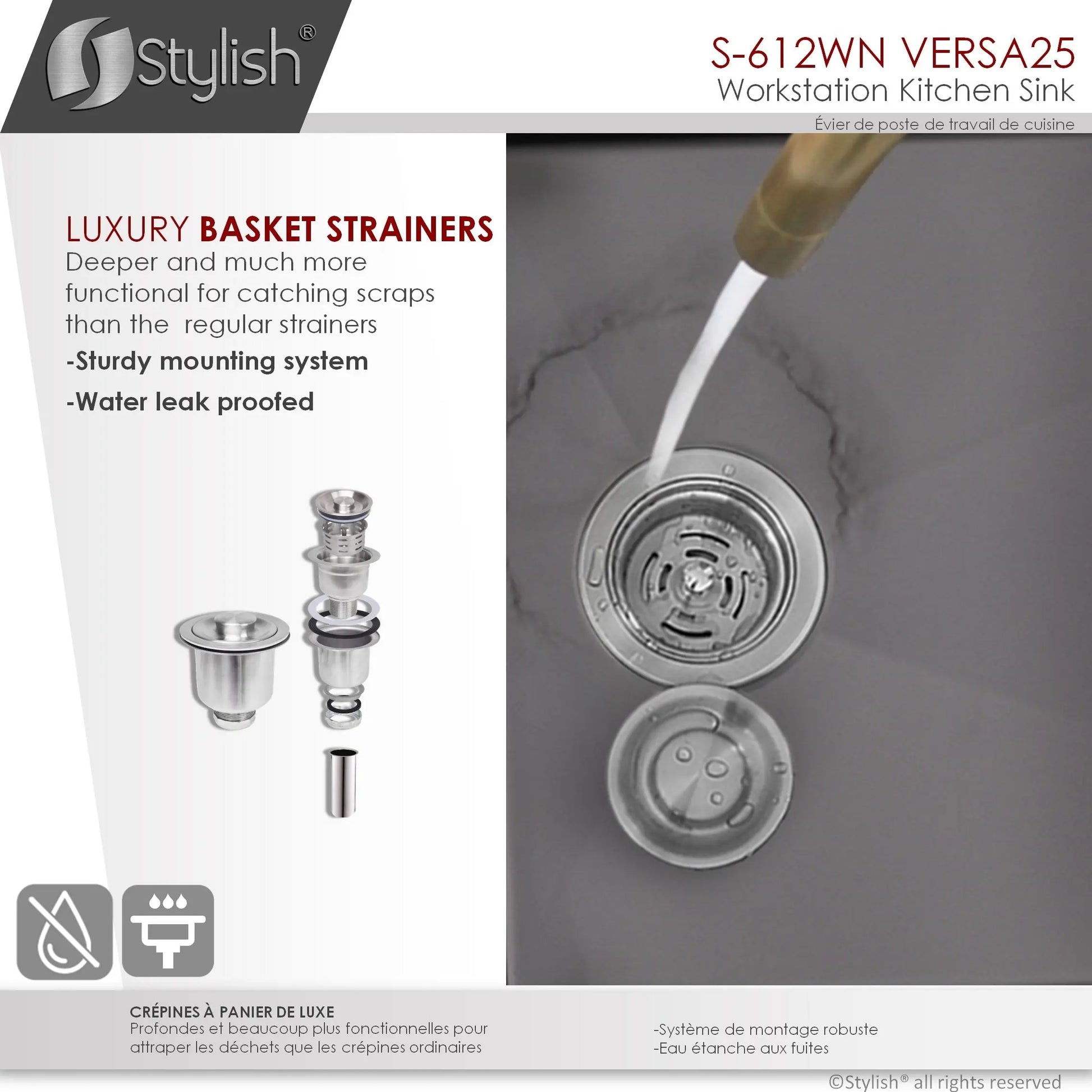 STYLISH 25 inch Workstation Single Bowl Undermount 16 Gauge Stainless Steel Kitchen Sink with Built in Accessories S-612WN - Plumbing Market