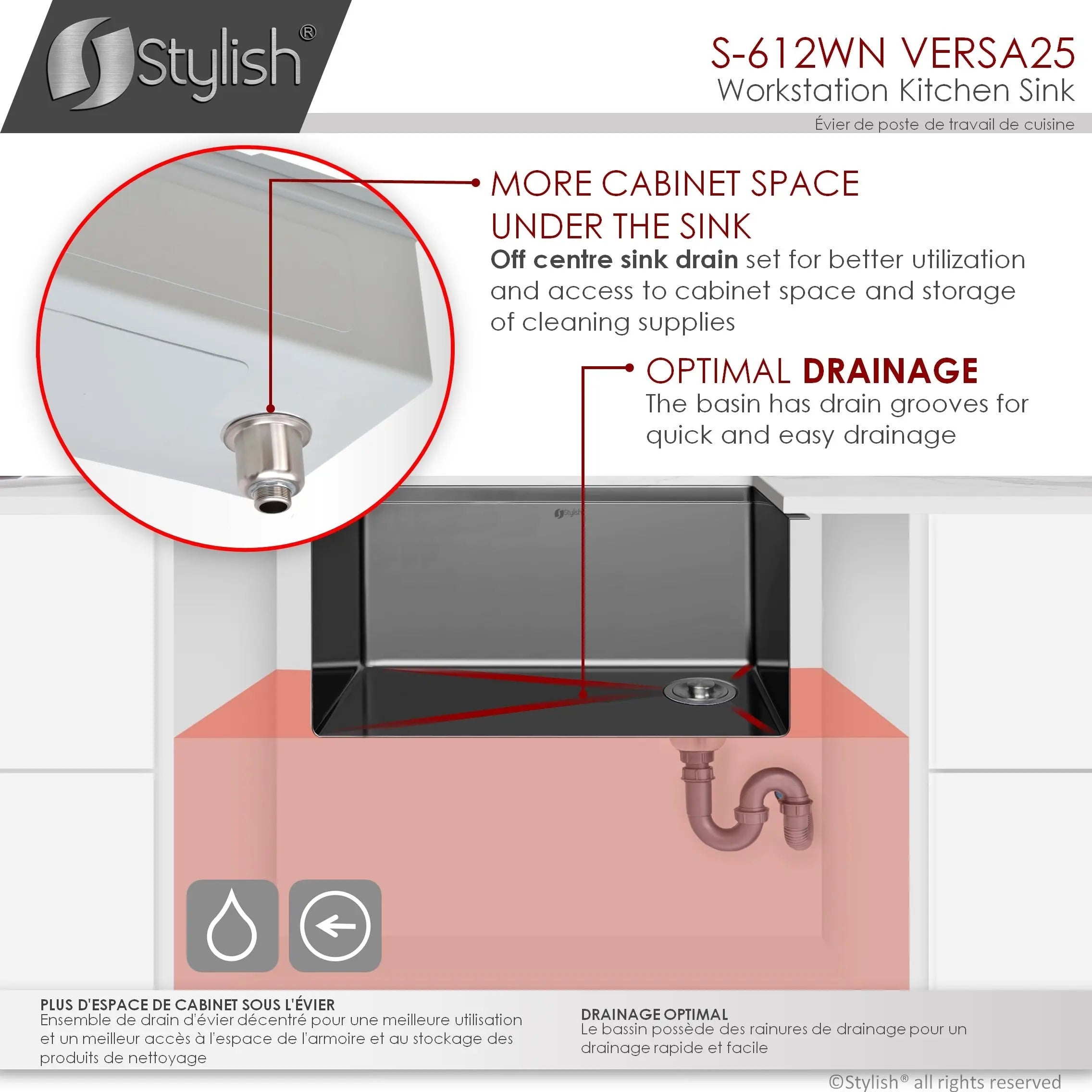 STYLISH 25 inch Workstation Single Bowl Undermount 16 Gauge Stainless Steel Kitchen Sink with Built in Accessories S-612WN - Plumbing Market