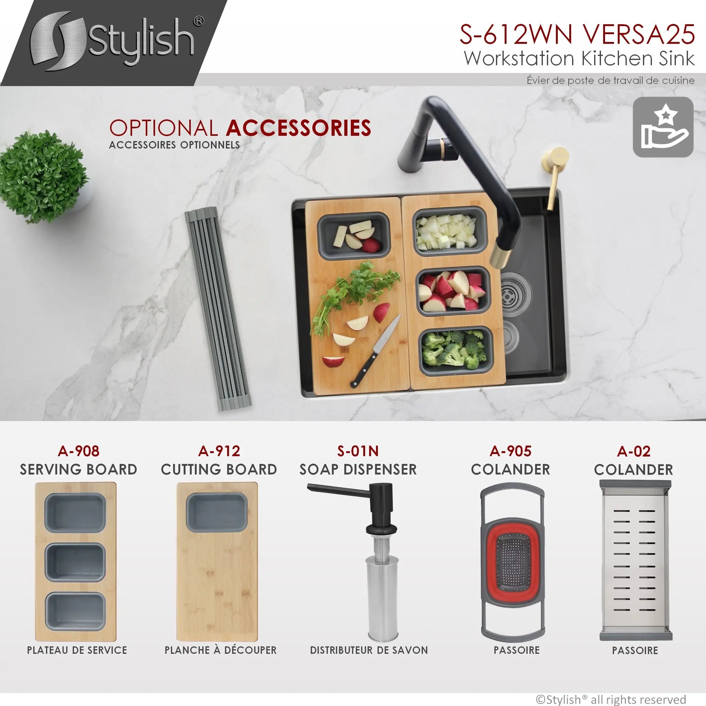 STYLISH 25 inch Workstation Single Bowl Undermount 16 Gauge Stainless Steel Kitchen Sink with Built in Accessories S-612WN - Plumbing Market