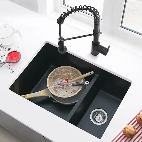STYLISH 27 inch Dual Mount 60/40 Double Bowl Black Composite Granite Kitchen Sink with Strainer S-827N - Plumbing Market