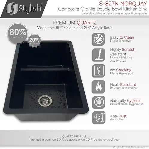 STYLISH 27 inch Dual Mount 60/40 Double Bowl Black Composite Granite Kitchen Sink with Strainer S-827N - Plumbing Market