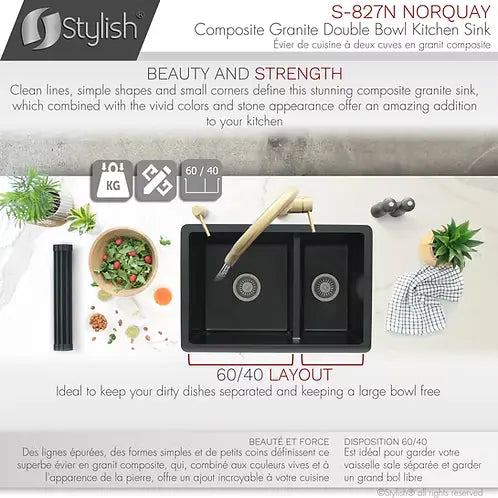 STYLISH 27 inch Dual Mount 60/40 Double Bowl Black Composite Granite Kitchen Sink with Strainer S-827N - Plumbing Market