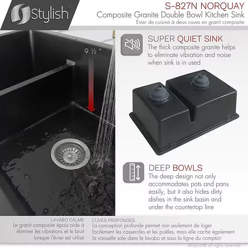 STYLISH 27 inch Dual Mount 60/40 Double Bowl Black Composite Granite Kitchen Sink with Strainer S-827N - Plumbing Market