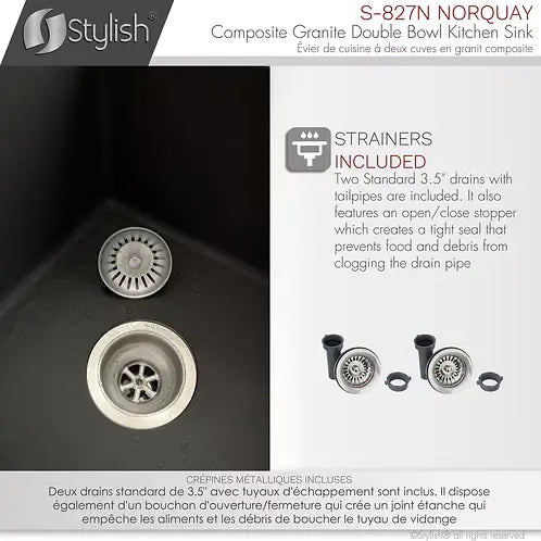 STYLISH 27 inch Dual Mount 60/40 Double Bowl Black Composite Granite Kitchen Sink with Strainer S-827N - Plumbing Market