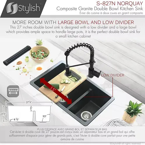 STYLISH 27 inch Dual Mount 60/40 Double Bowl Black Composite Granite Kitchen Sink with Strainer S-827N - Plumbing Market