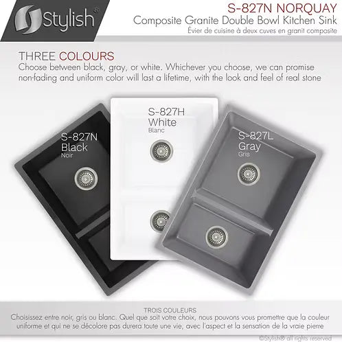 STYLISH 27 inch Dual Mount 60/40 Double Bowl Black Composite Granite Kitchen Sink with Strainer S-827N - Plumbing Market