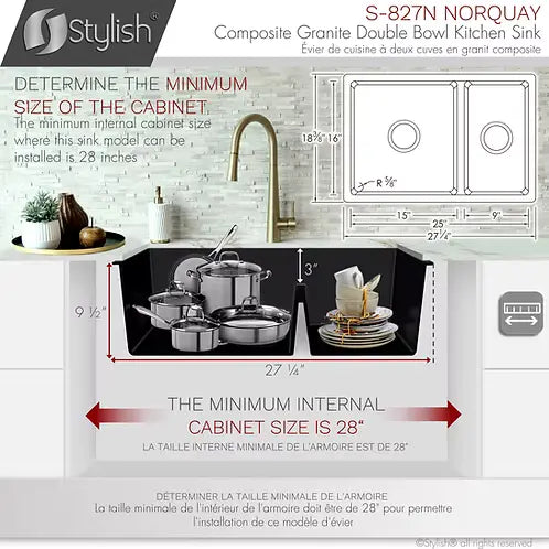 STYLISH 27 inch Dual Mount 60/40 Double Bowl Black Composite Granite Kitchen Sink with Strainer S-827N - Plumbing Market