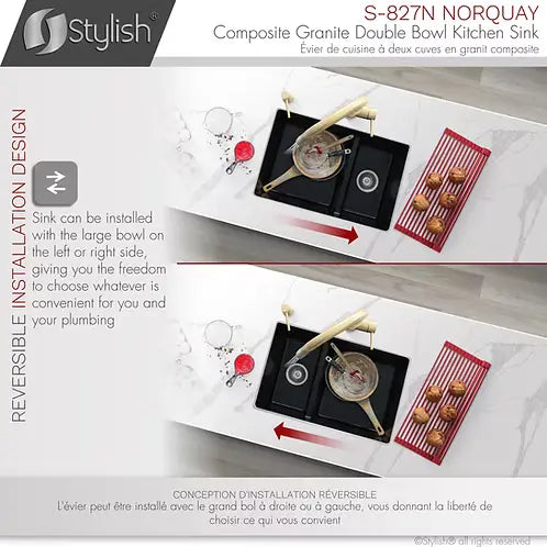 STYLISH 27 inch Dual Mount 60/40 Double Bowl Black Composite Granite Kitchen Sink with Strainer S-827N - Plumbing Market