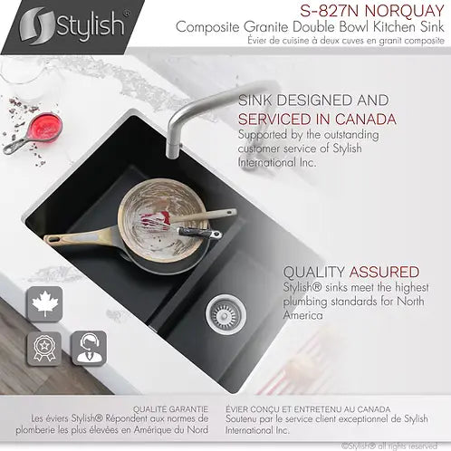 STYLISH 27 inch Dual Mount 60/40 Double Bowl Black Composite Granite Kitchen Sink with Strainer S-827N - Plumbing Market