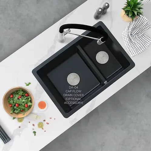 STYLISH 27 inch Dual Mount 60/40 Double Bowl Black Composite Granite Kitchen Sink with Strainer S-827N - Plumbing Market