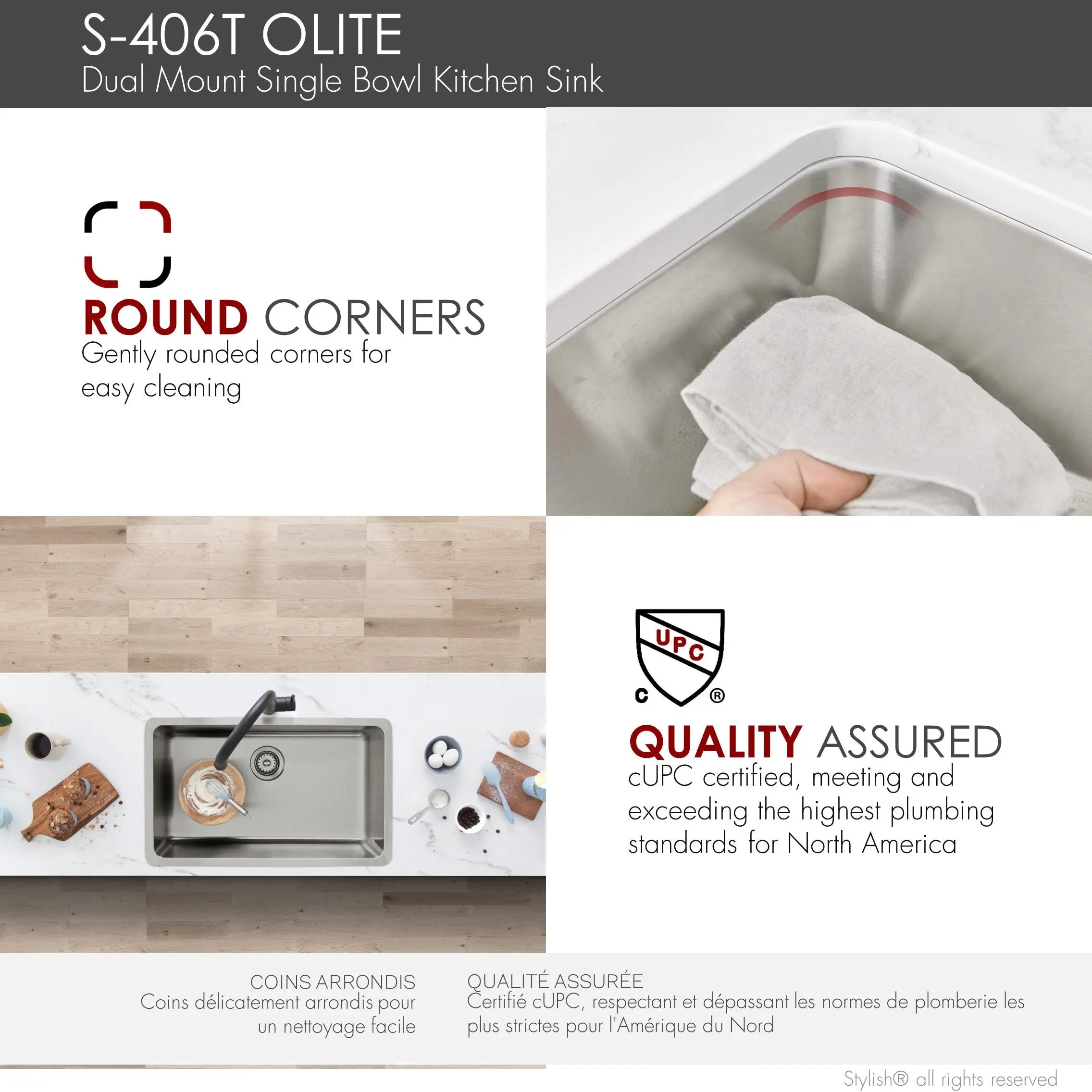 STYLISH 27 inch Single Bowl Undermount and Drop-in Stainless Steel Kitchen Sink S-406T - Plumbing Market