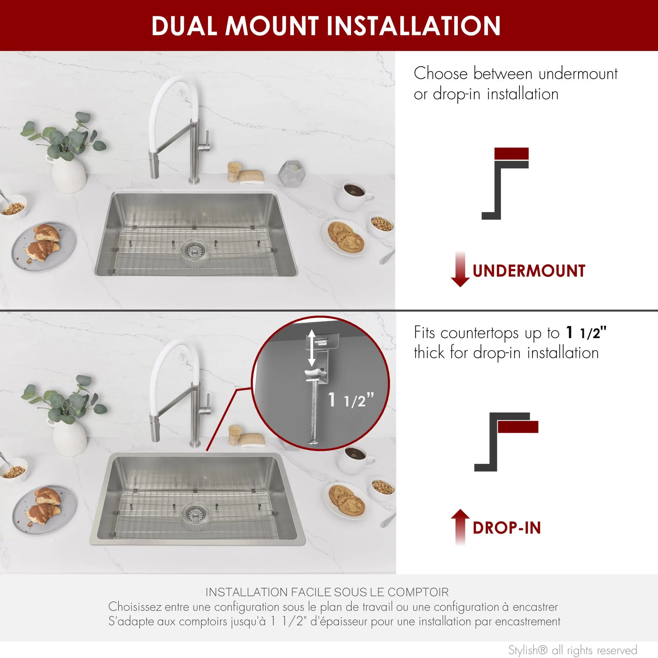 STYLISH 27 inch Single Bowl Undermount and Drop-in Stainless Steel Kitchen Sink S-406TG - Plumbing Market